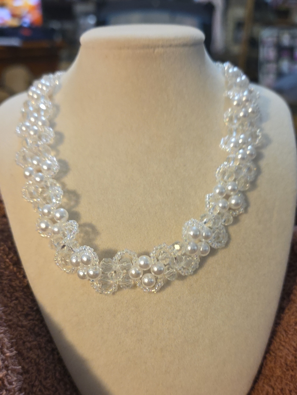 Shell Pearls and Crystal Floral Statement Necklace - White